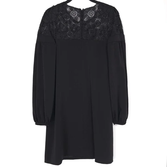 MONIQUE LHUILLIER Shift Mini Dress Size 8 Floral Lace Panel Black Long Sleeve MONIQUE LHUILLIER Shift Mini Dress Size 8 Floral Lace Panel Black Long Sleeve